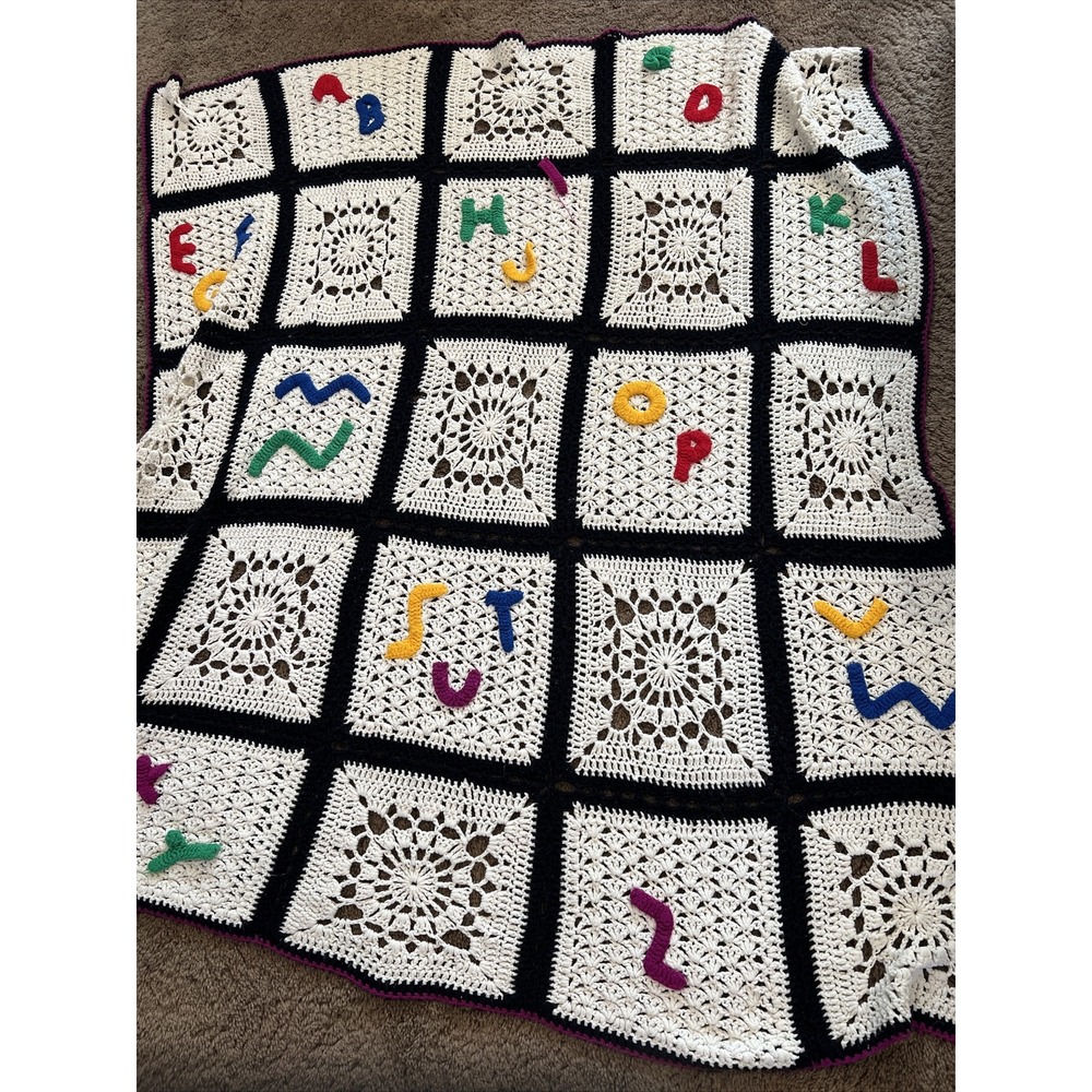 Hand-made Vintage Crochet Throw Blanket 3-D Letters Afghan Granny Baby Quilt
